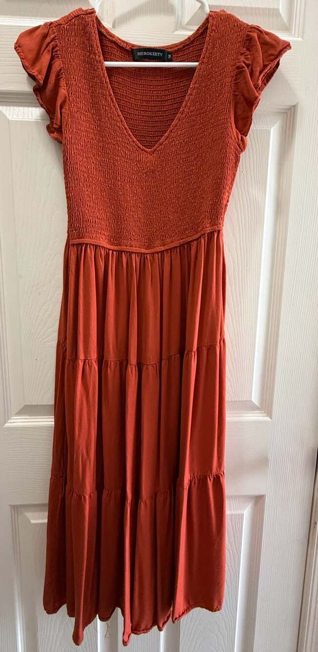 MEROKEETY Tiered Maxi Dress Size M Rust Orange Smocked Bodice